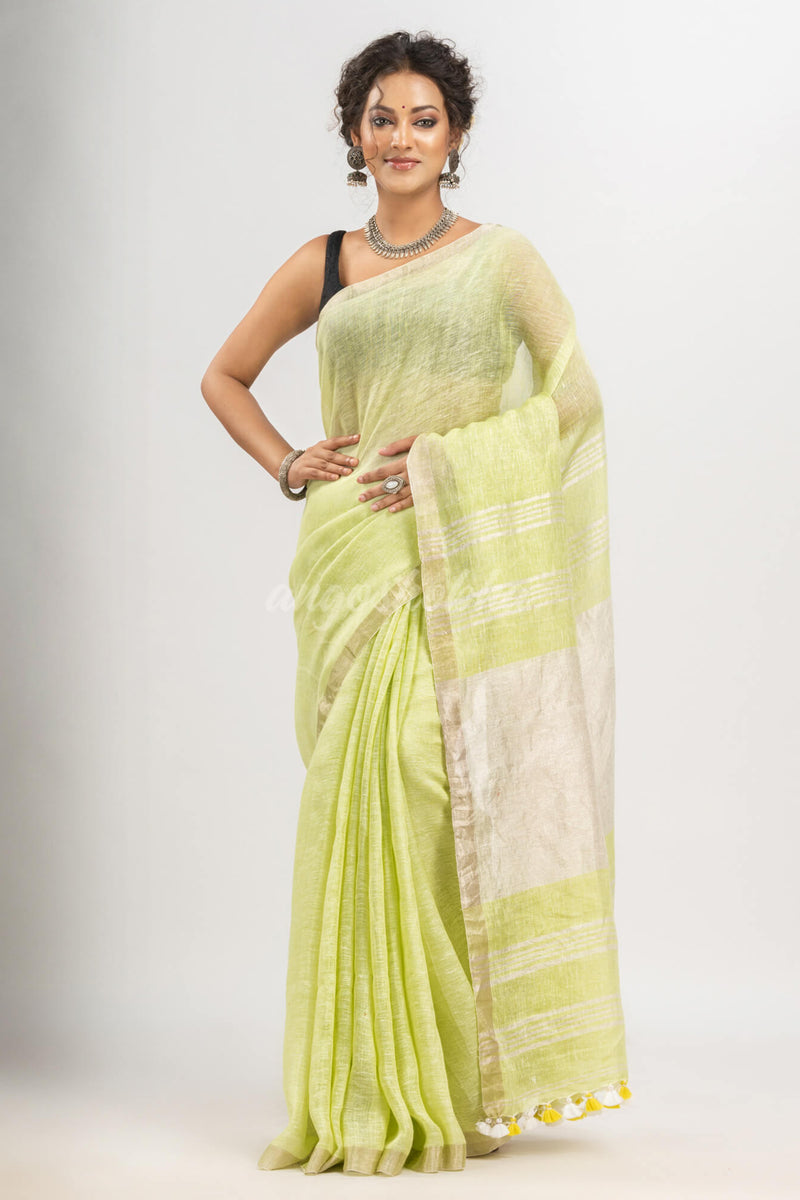 Light Green with silver zari pallu in silver zari border handwoven linen saree