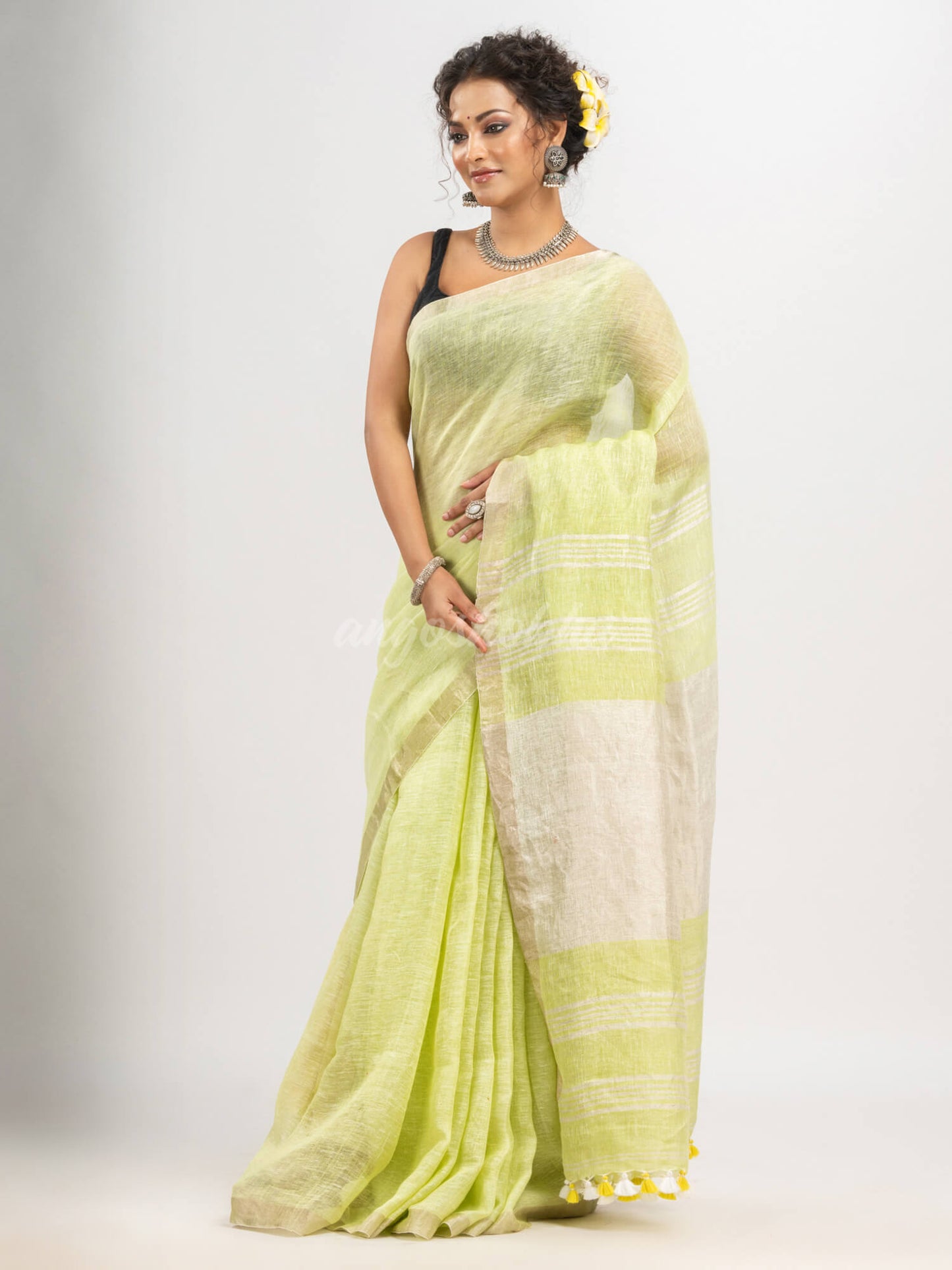 Light Green with silver zari pallu in silver zari border handwoven linen saree