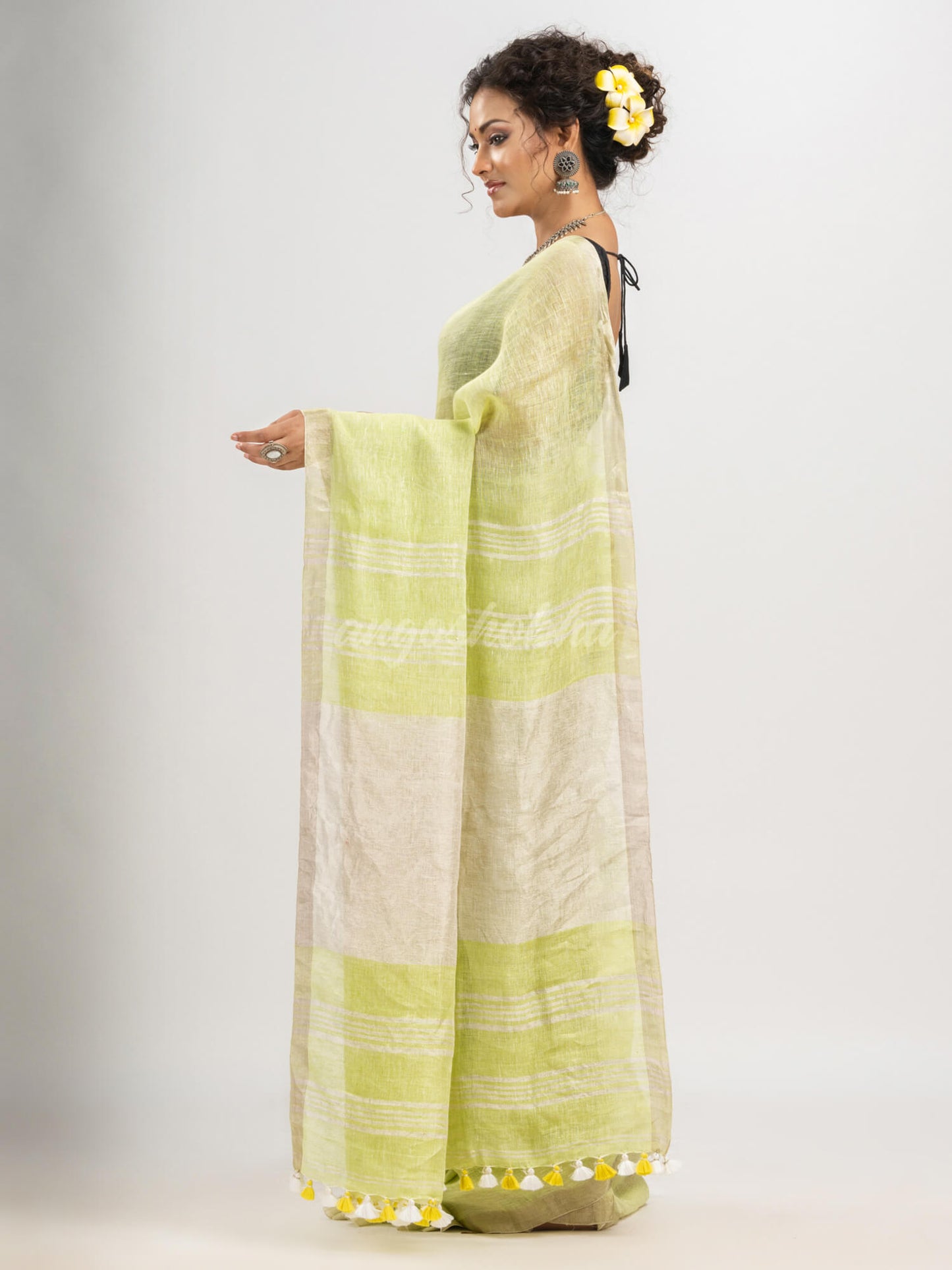 Light Green with silver zari pallu in silver zari border handwoven linen saree