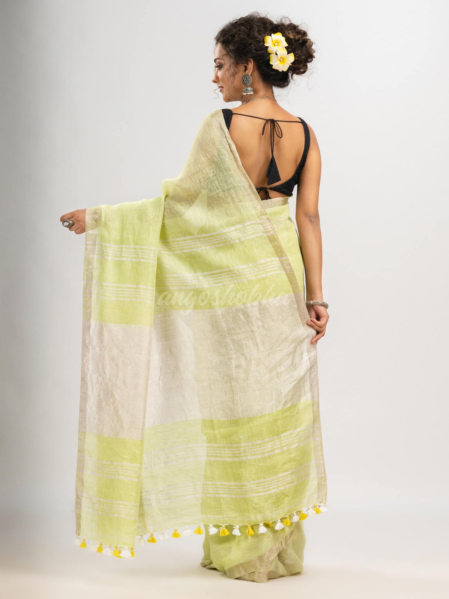 Light Green with silver zari pallu in silver zari border handwoven linen saree