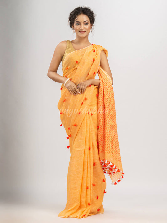 Orange linen all body pom pom with pallu stipe handwoven saree