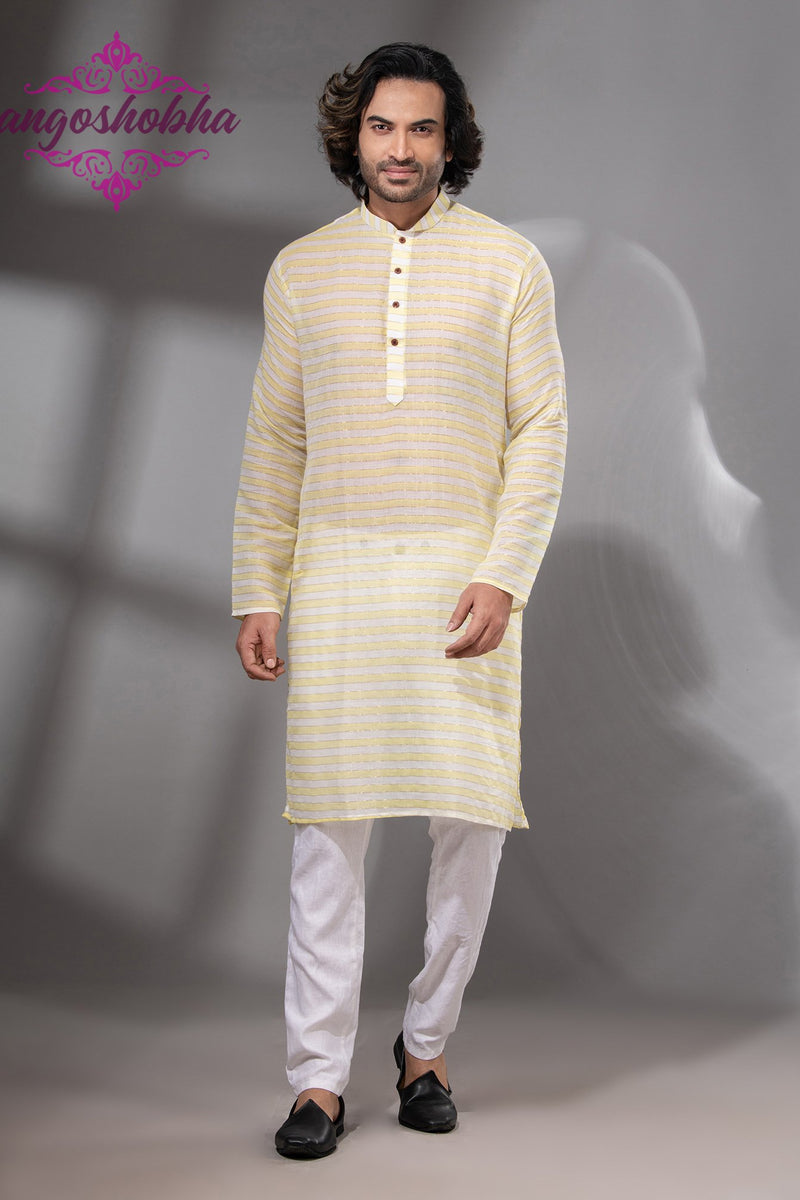 Lemon Yellow Cotton Men's Punjabi