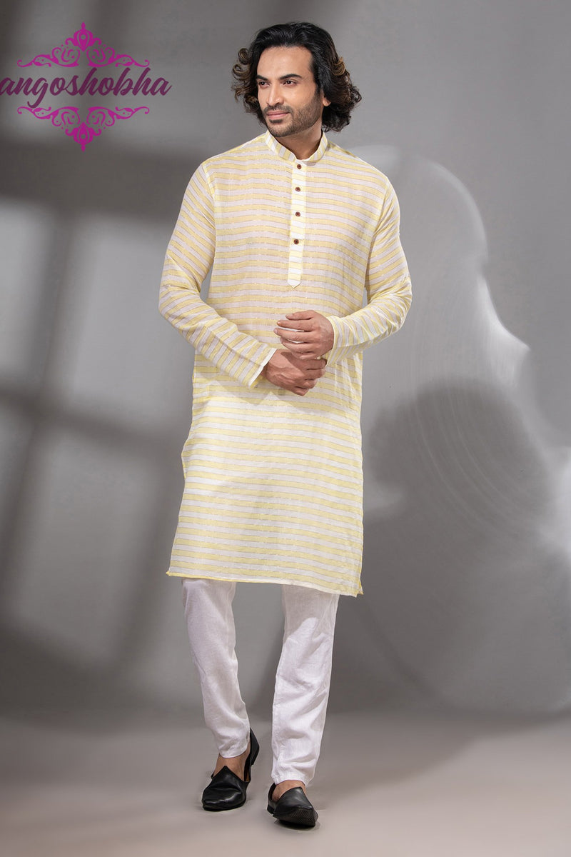 Lemon Yellow Cotton Men's Punjabi