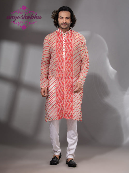 Red Cotton Jamdadi Men's Punjabi