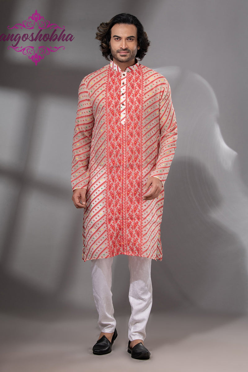Red Cotton Jamdadi Men's Punjabi