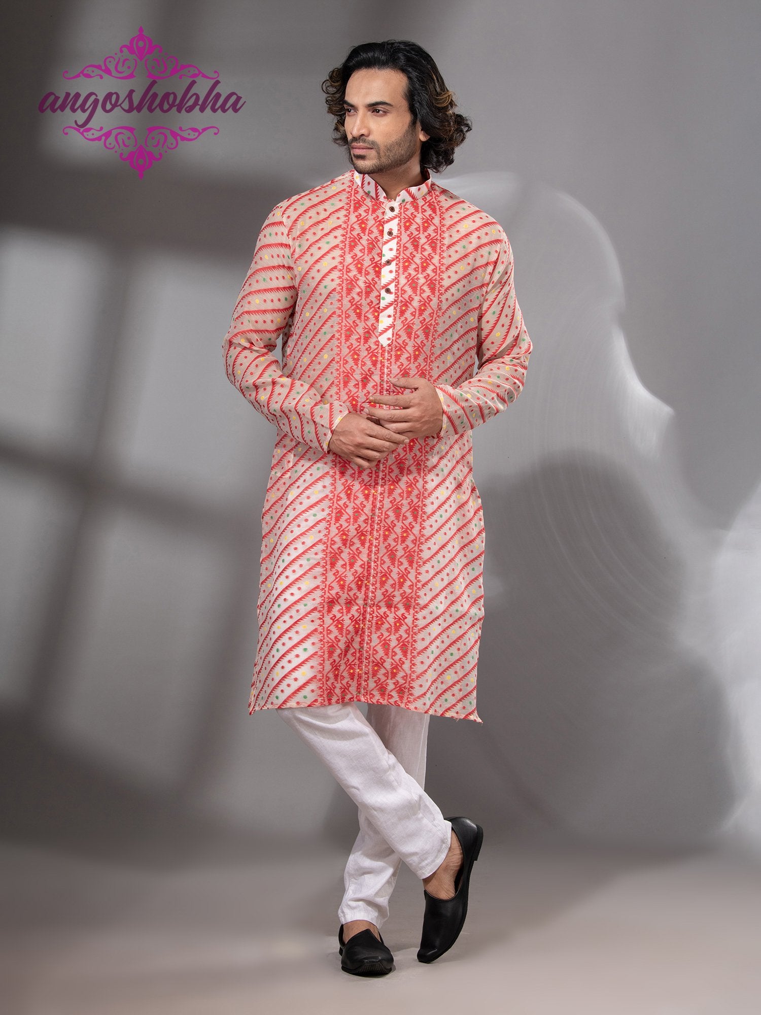 Red Cotton Jamdadi Men's Punjabi