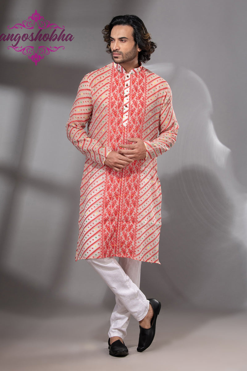 Red Cotton Jamdadi Men's Punjabi