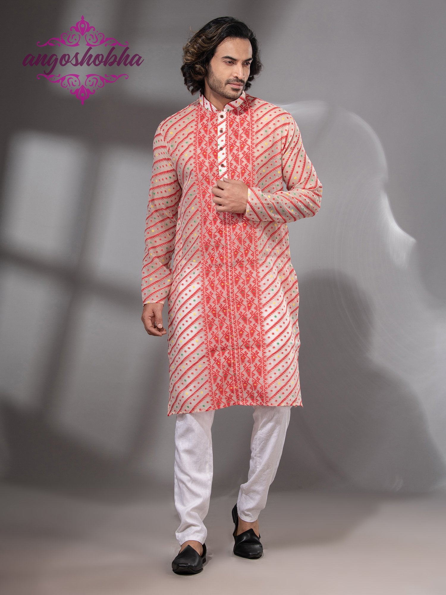 Red Cotton Jamdadi Men's Punjabi