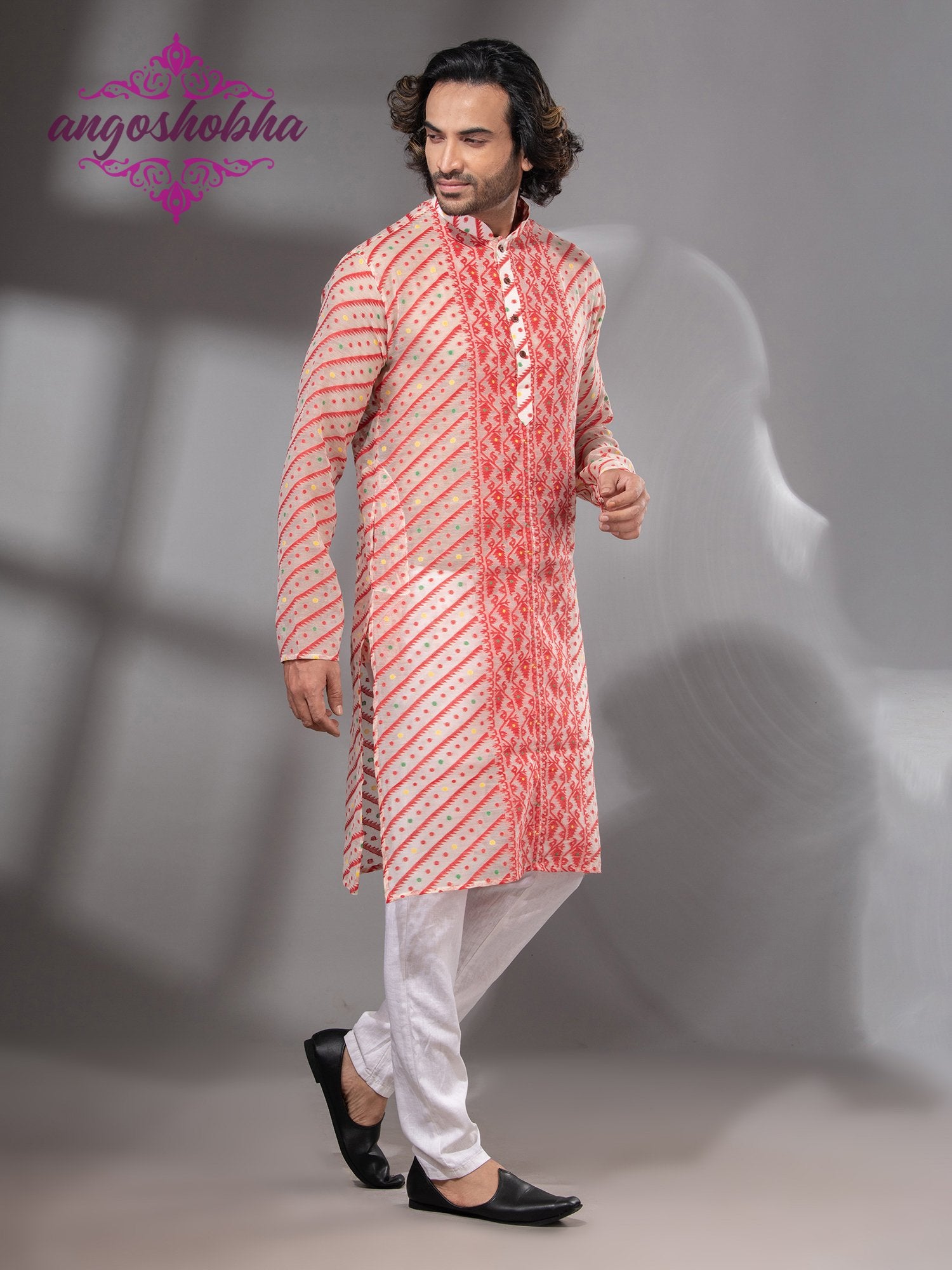 Red Cotton Jamdadi Men's Punjabi