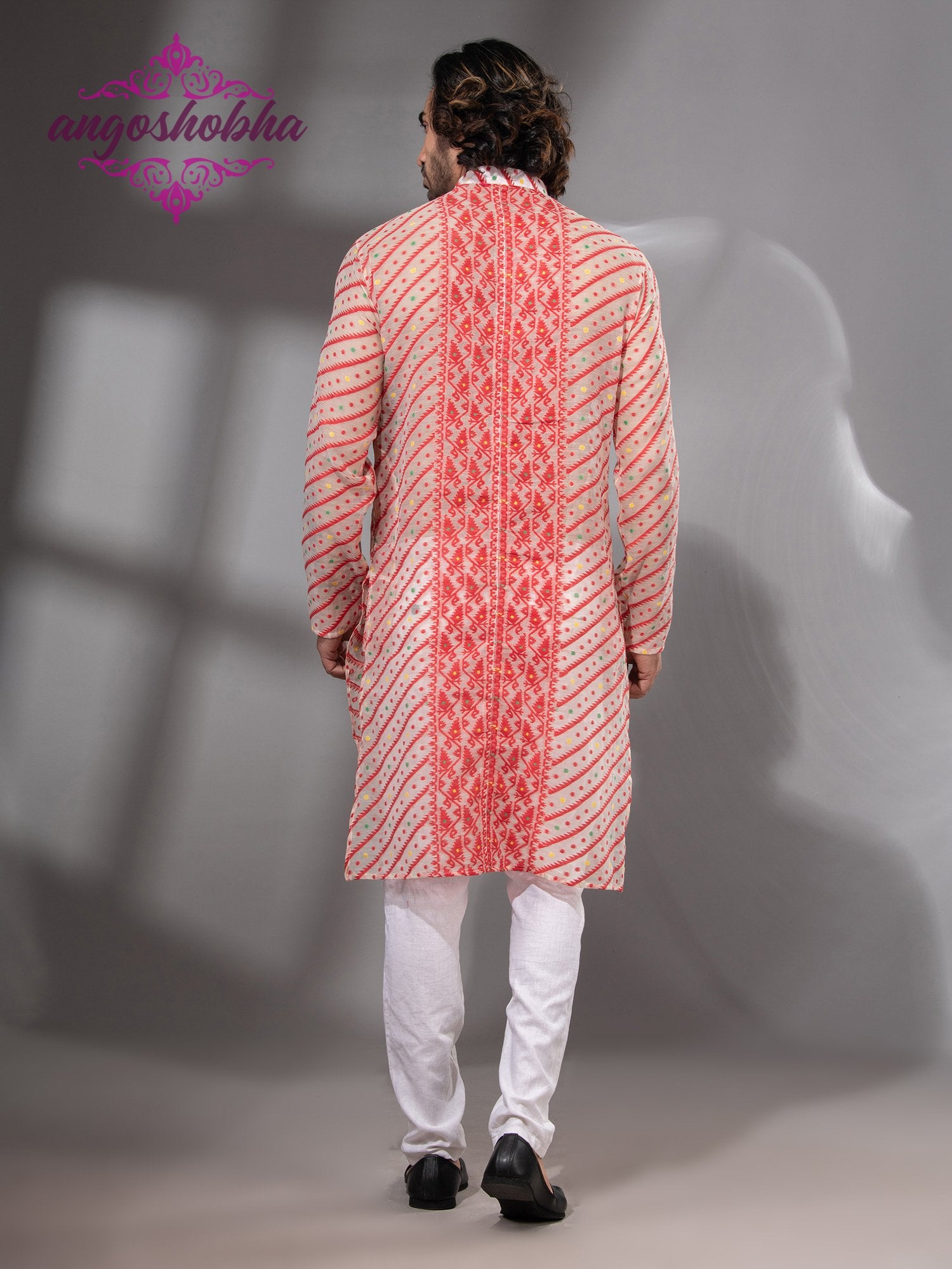 Red Cotton Jamdadi Men's Punjabi