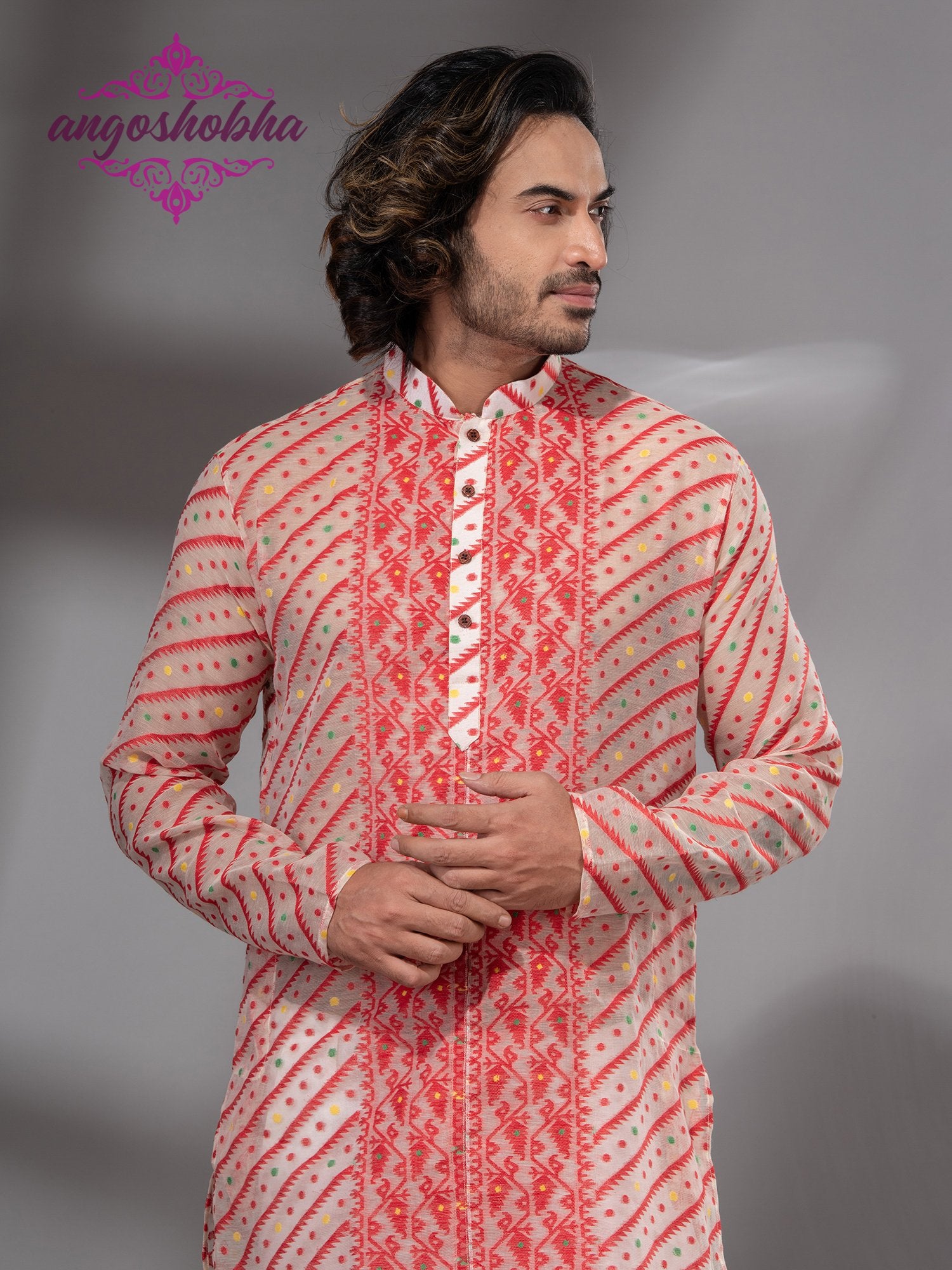 Red Cotton Jamdadi Men's Punjabi