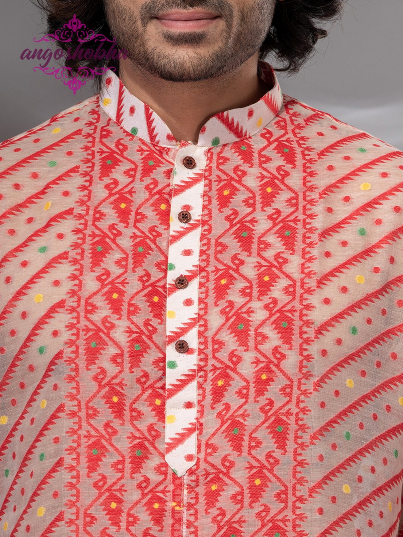 Red Cotton Jamdadi Men's Punjabi