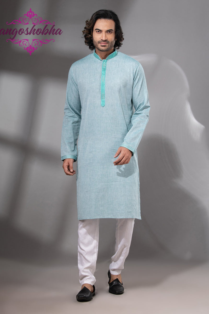 Cadet Blue Cotton Men's Punjabi