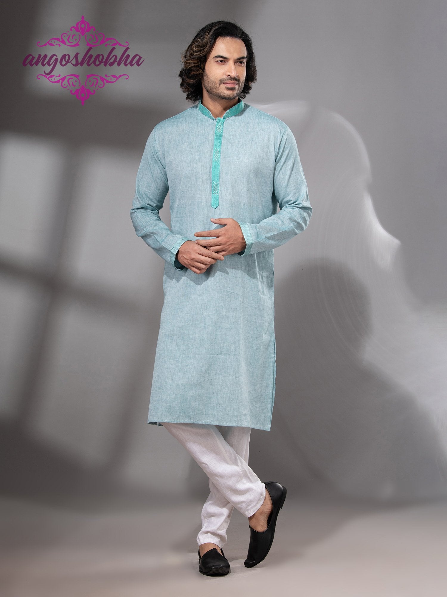 Cadet Blue Cotton Men's Punjabi