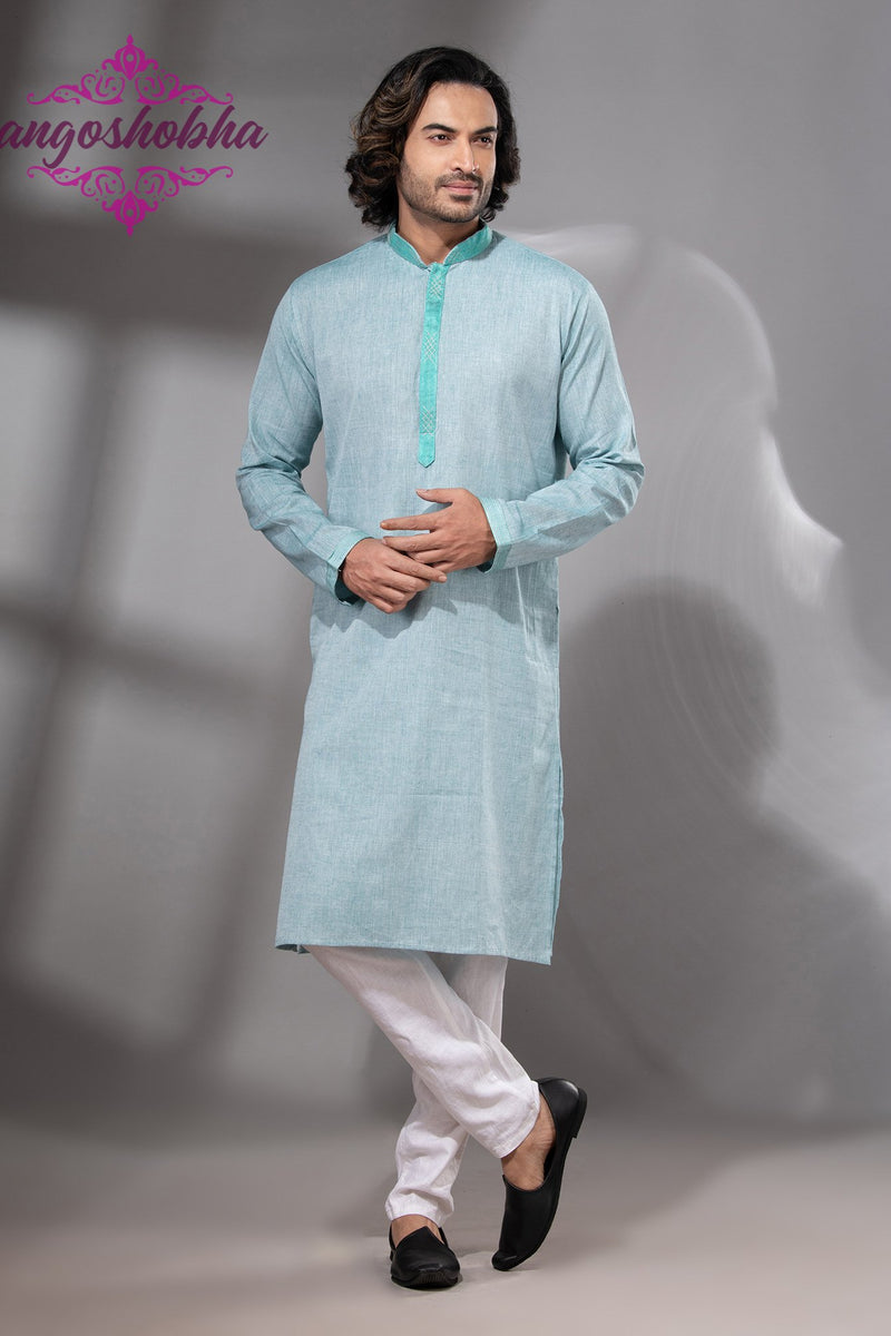 Cadet Blue Cotton Men's Punjabi