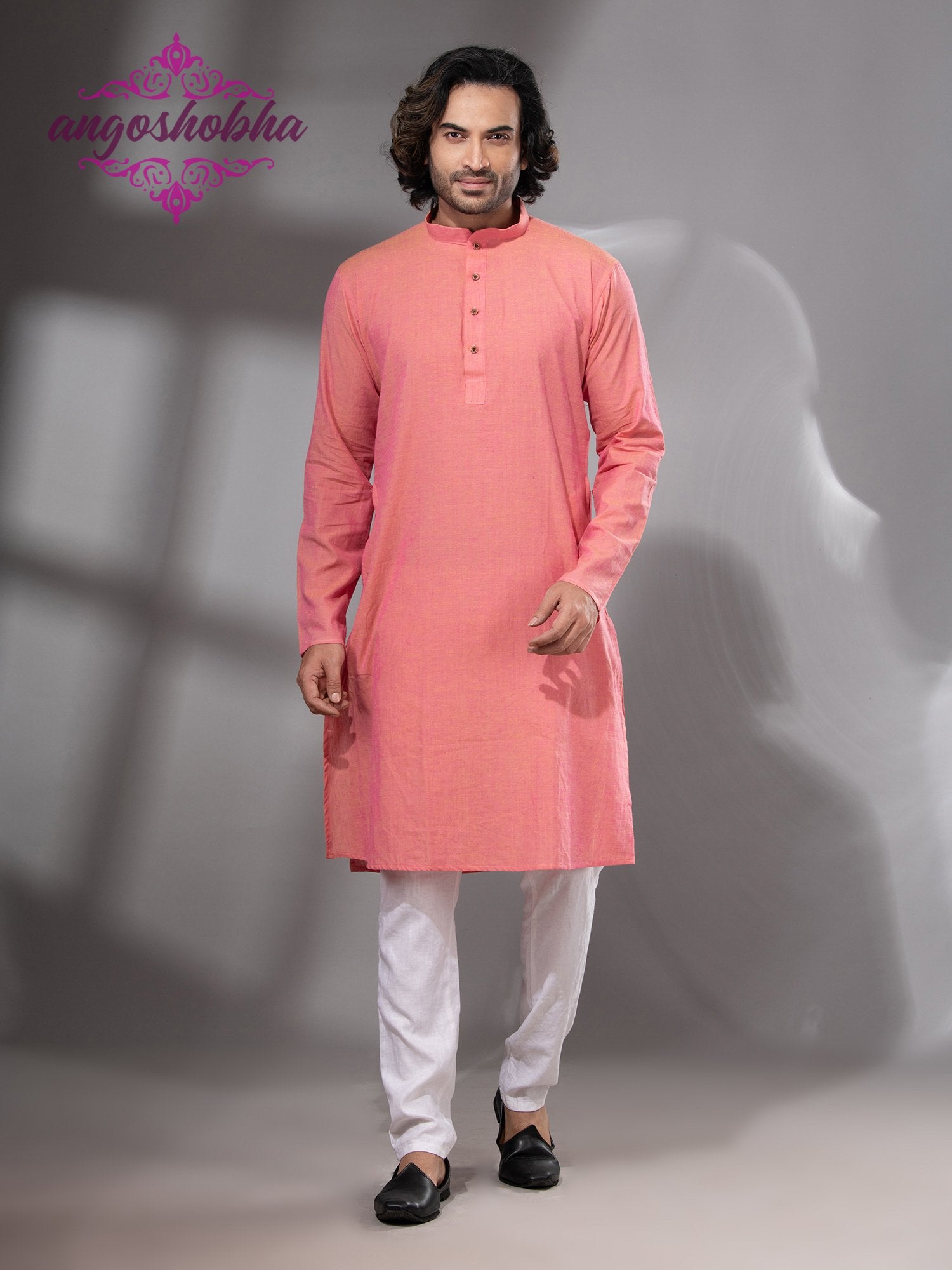 Peach Pink Cotton Men's Punjabi