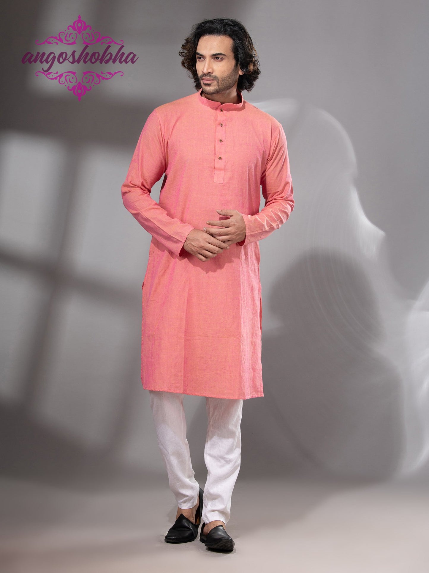 Peach Pink Cotton Men's Punjabi