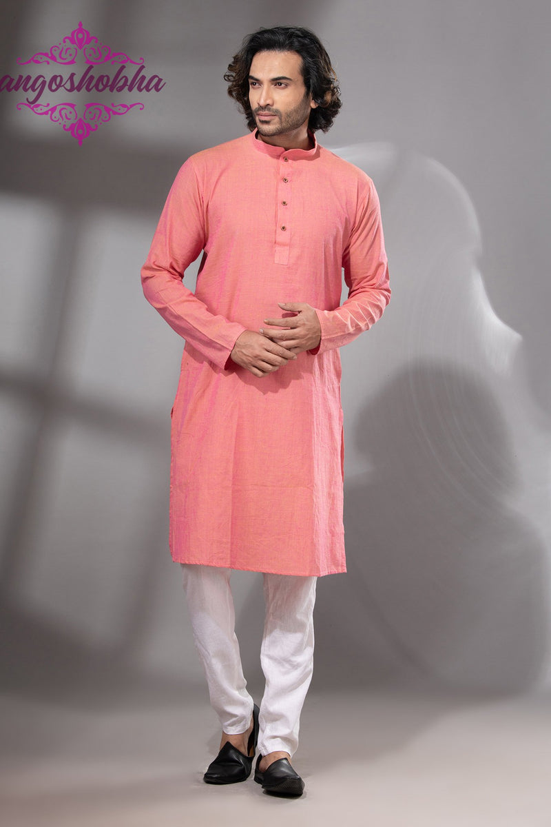 Peach Pink Cotton Men's Punjabi