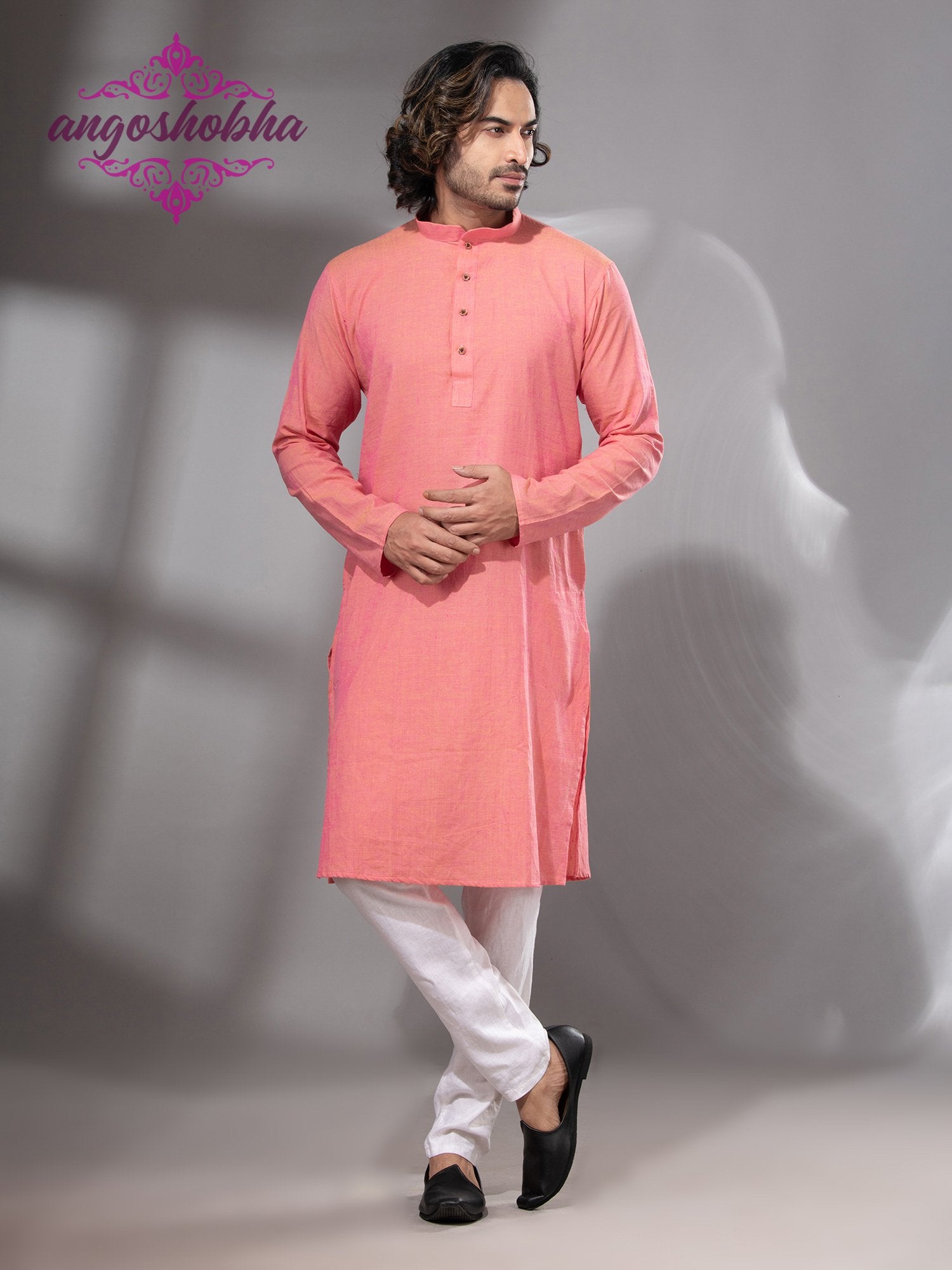Peach Pink Cotton Men's Punjabi