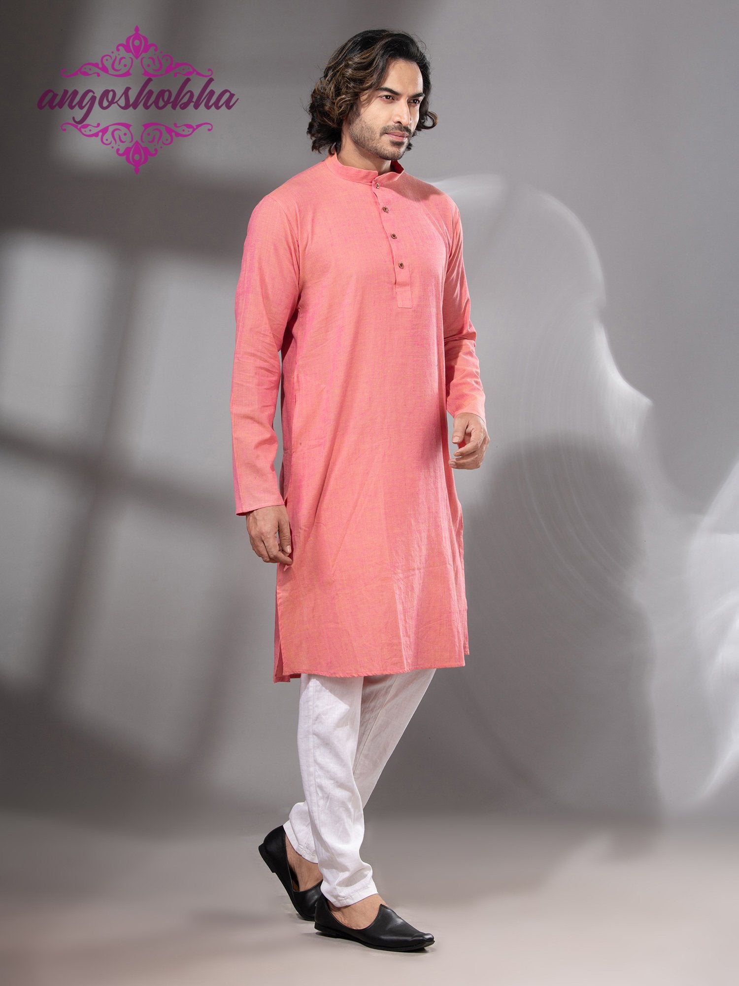 Peach Pink Cotton Men's Punjabi