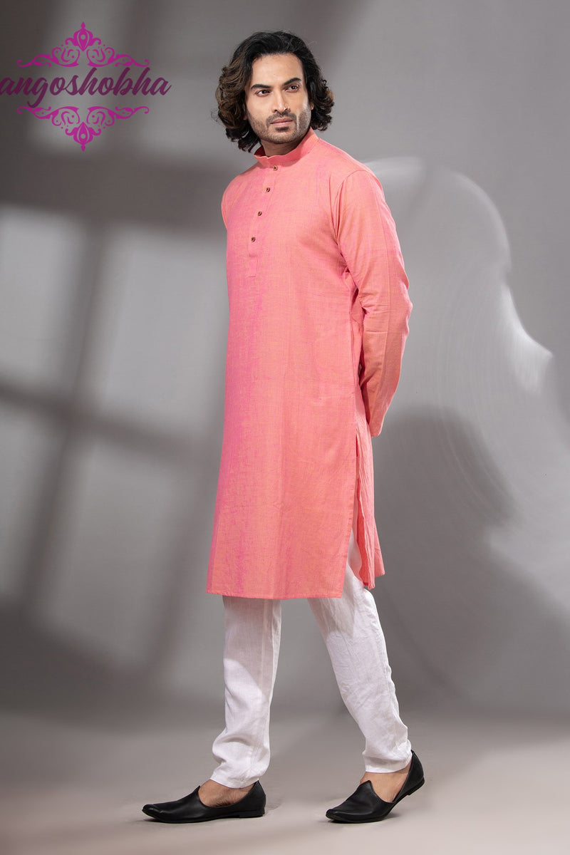 Peach Pink Cotton Men's Punjabi