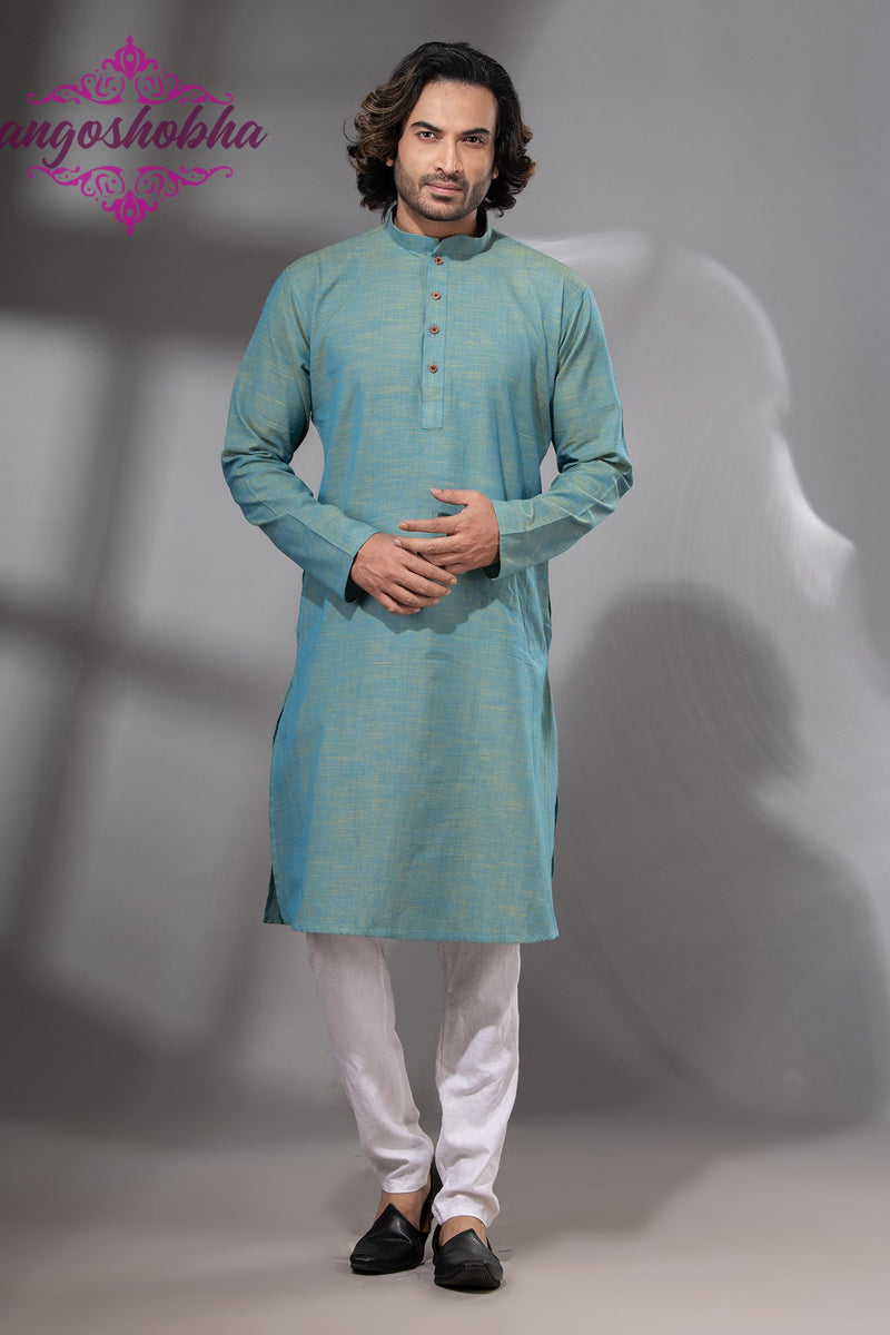 Light Turquoise Cotton Men's Punjabi