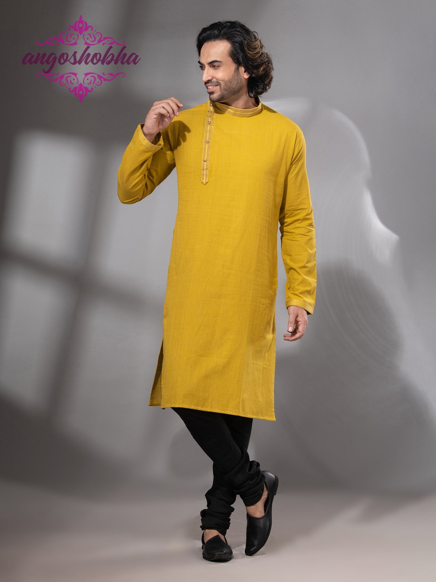 Yellow Cotton Men's Punjabi