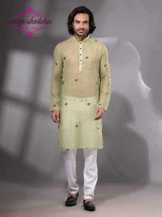 Lime Green Cotton Silk Men's Punjabi