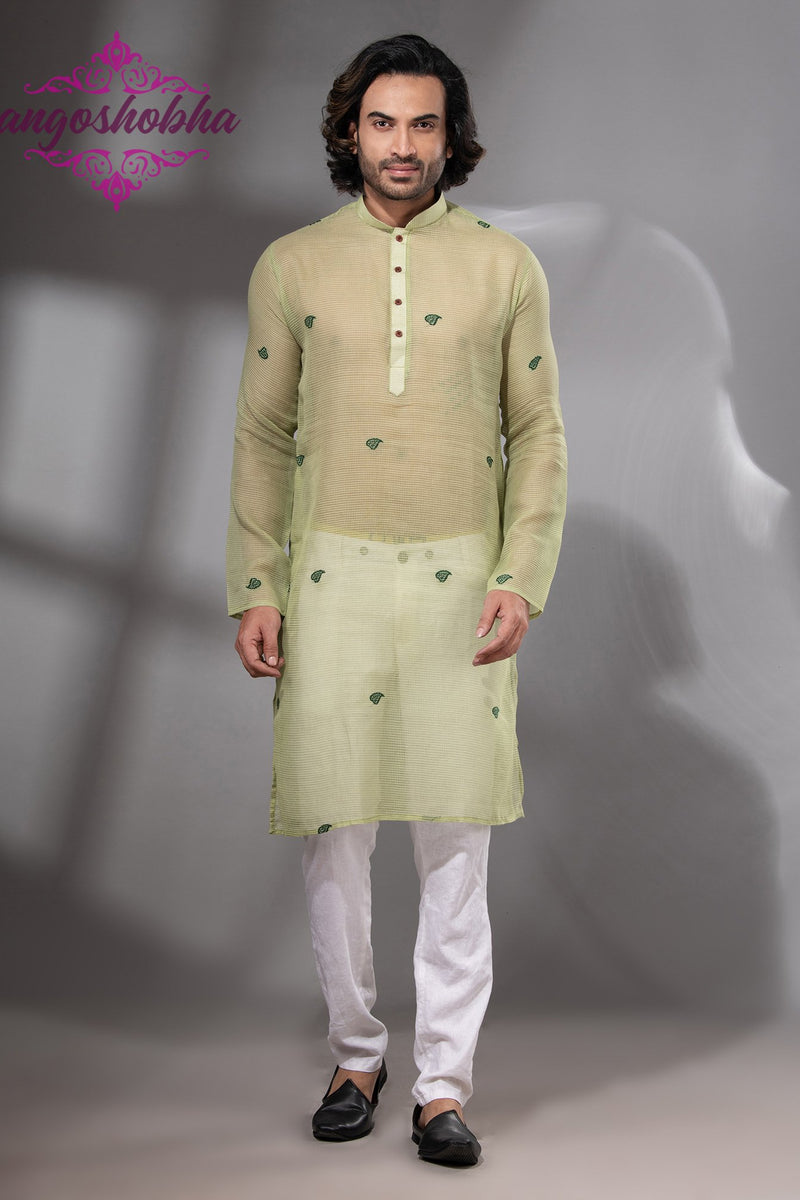Lime Green Cotton Silk Men's Punjabi