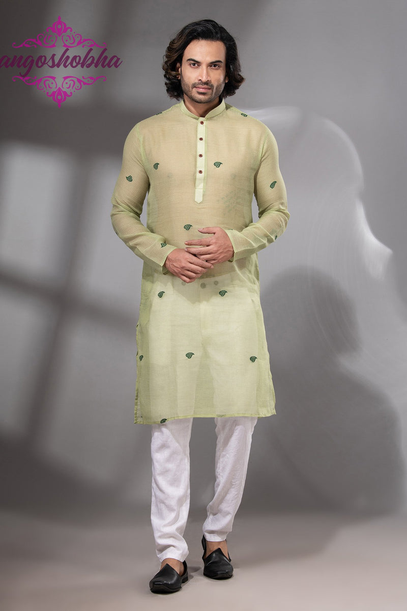 Lime Green Cotton Silk Men's Punjabi