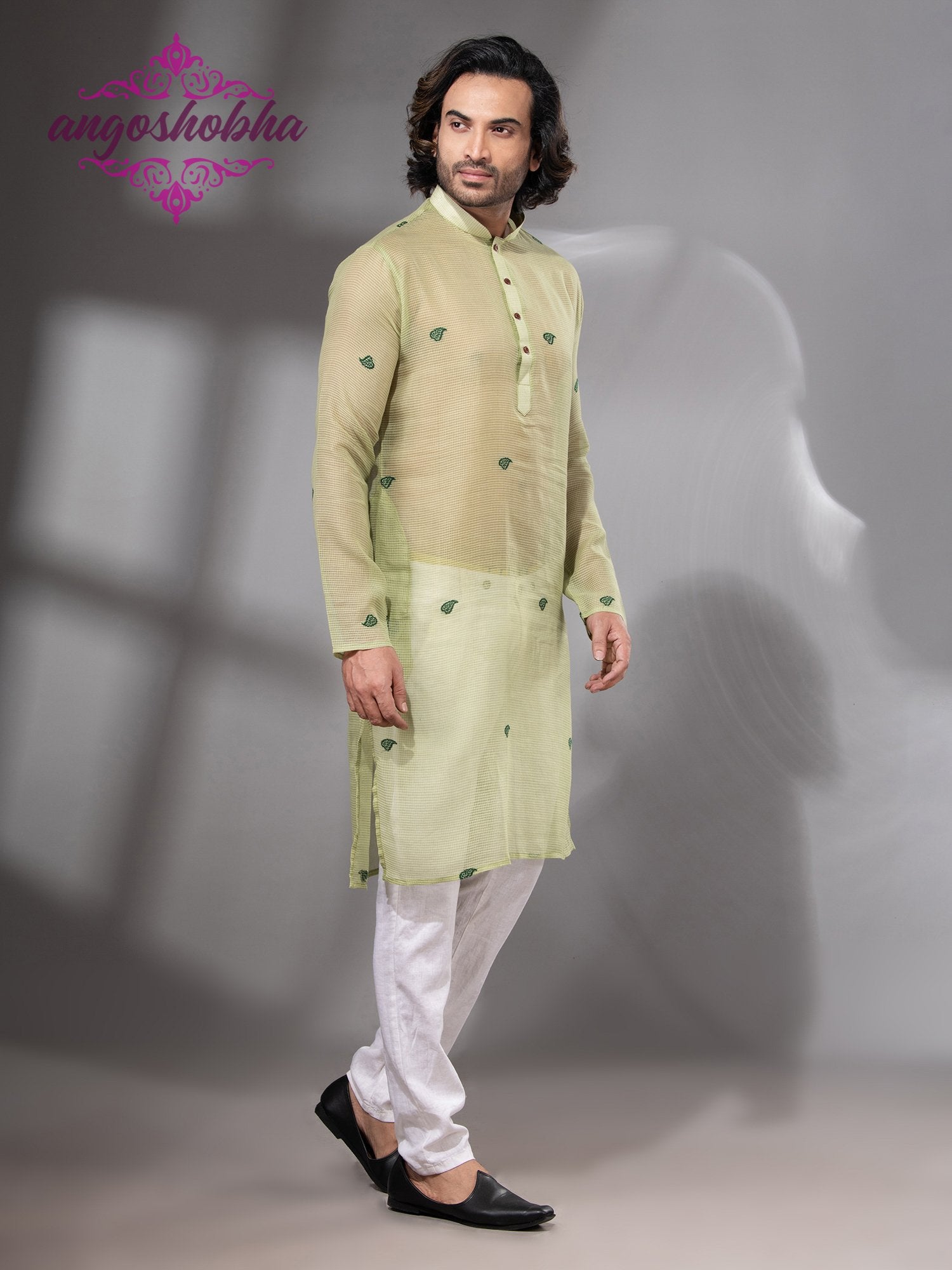 Lime Green Cotton Silk Men's Punjabi