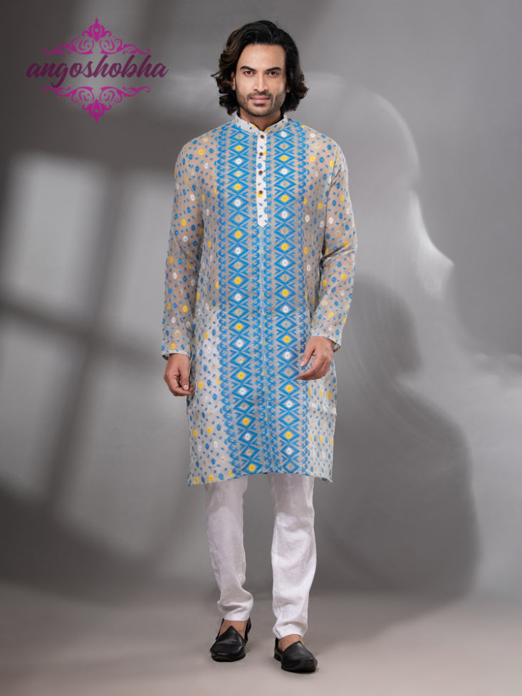 Tan Blue Cotton Jamdani Men's Punjabi