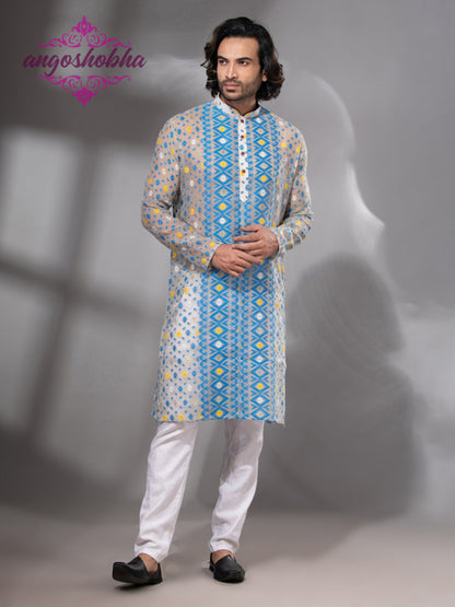 Tan Blue Cotton Jamdani Men's Punjabi