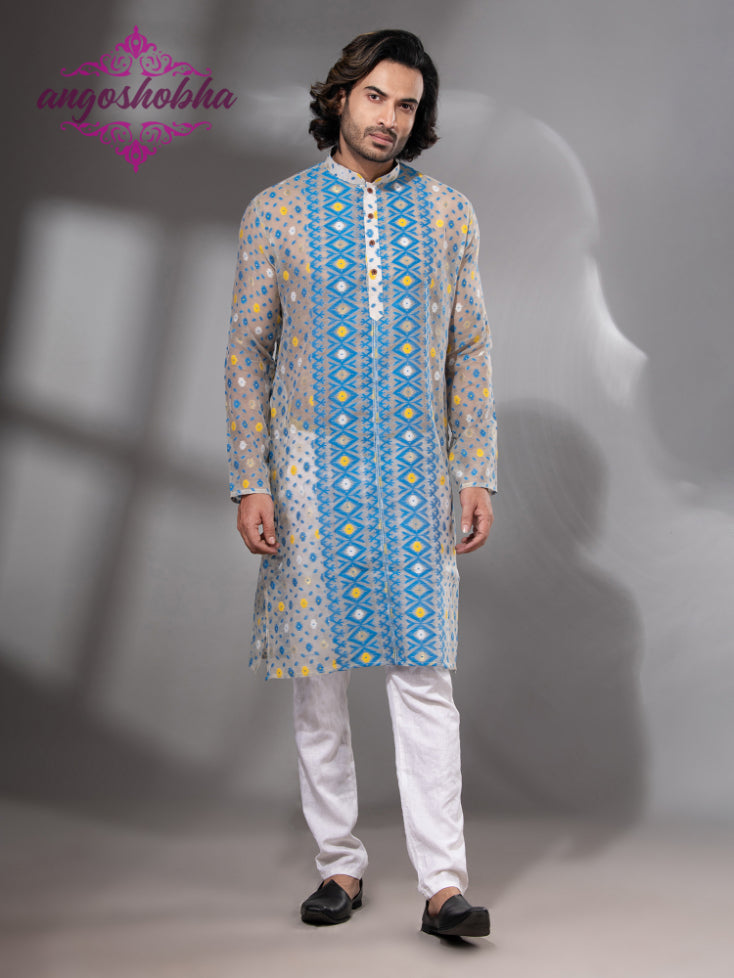 Tan Blue Cotton Jamdani Men's Punjabi