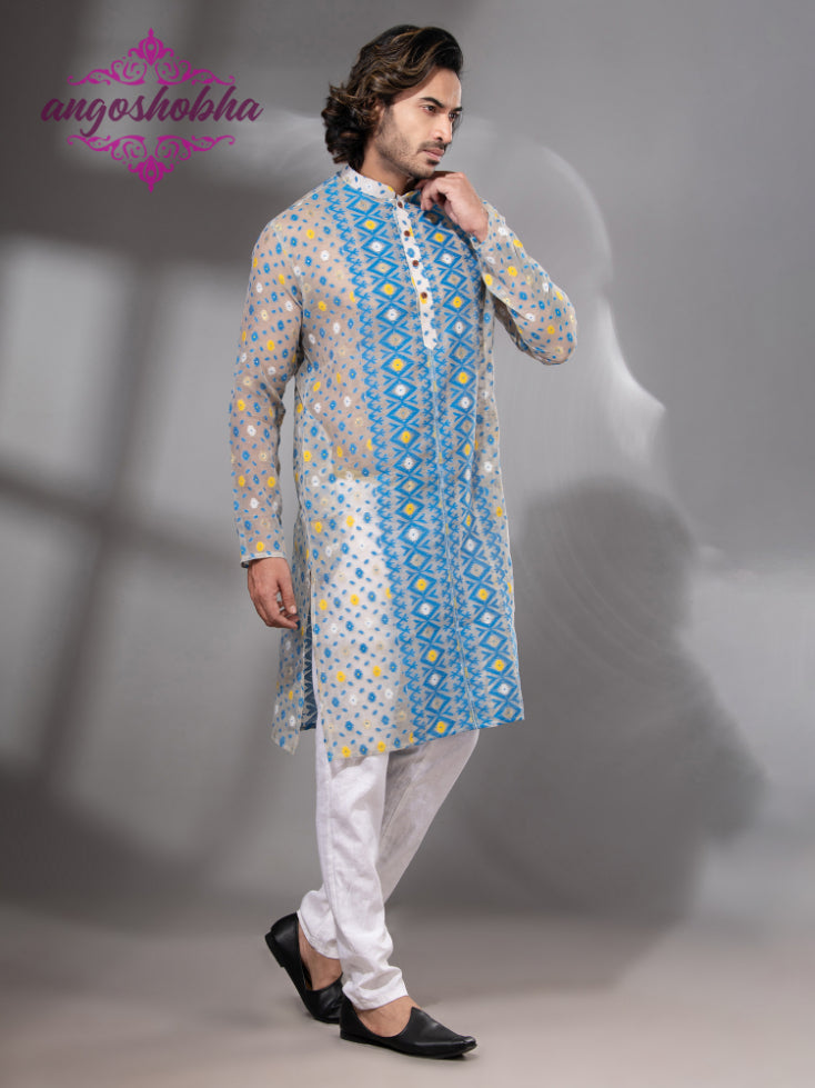 Tan Blue Cotton Jamdani Men's Punjabi