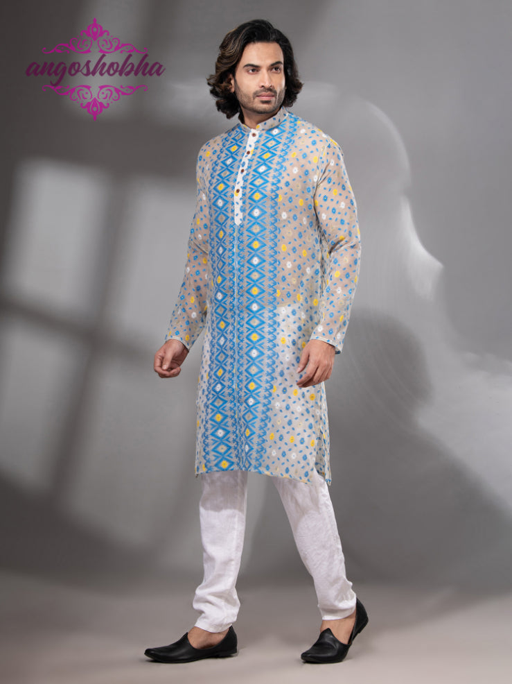 Tan Blue Cotton Jamdani Men's Punjabi