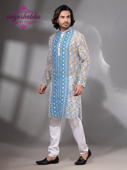 Tan Blue Cotton Jamdani Men's Punjabi