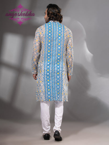 Tan Blue Cotton Jamdani Men's Punjabi