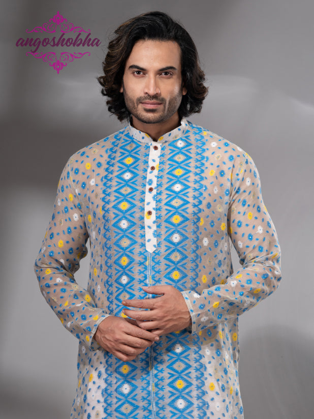 Tan Blue Cotton Jamdani Men's Punjabi