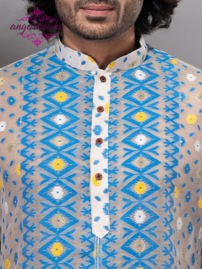 Tan Blue Cotton Jamdani Men's Punjabi