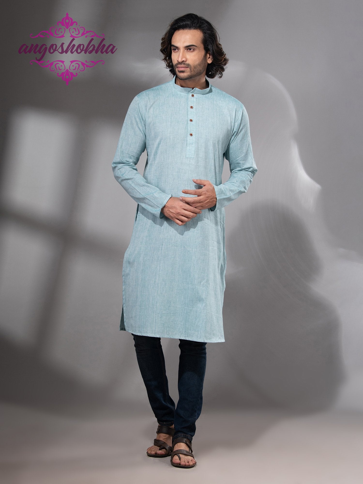 Cadet Blue Cotton Men's Punjabi