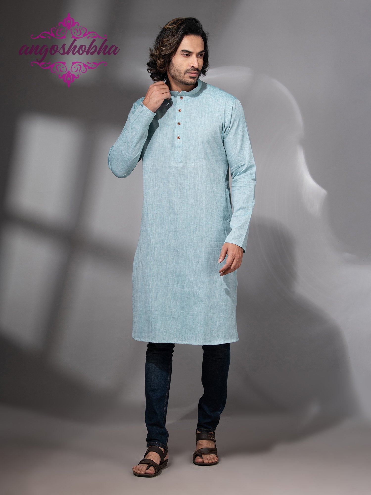 Cadet Blue Cotton Men's Punjabi
