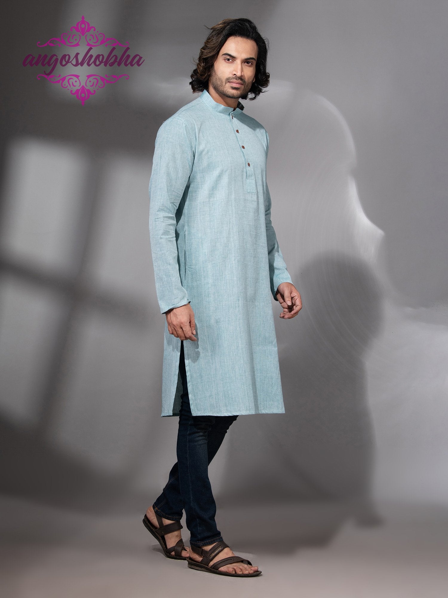 Cadet Blue Cotton Men's Punjabi