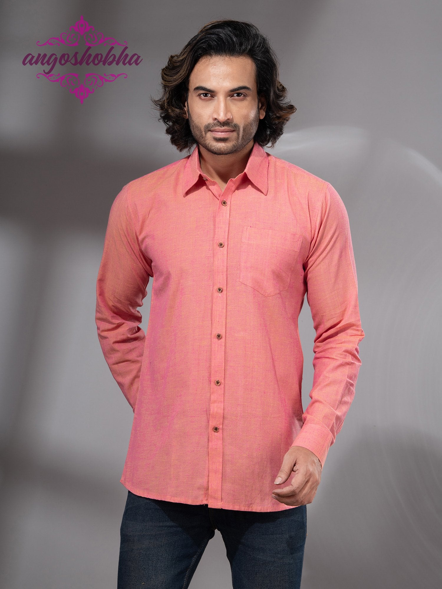 Peach Pink Cotton Men's Shirt