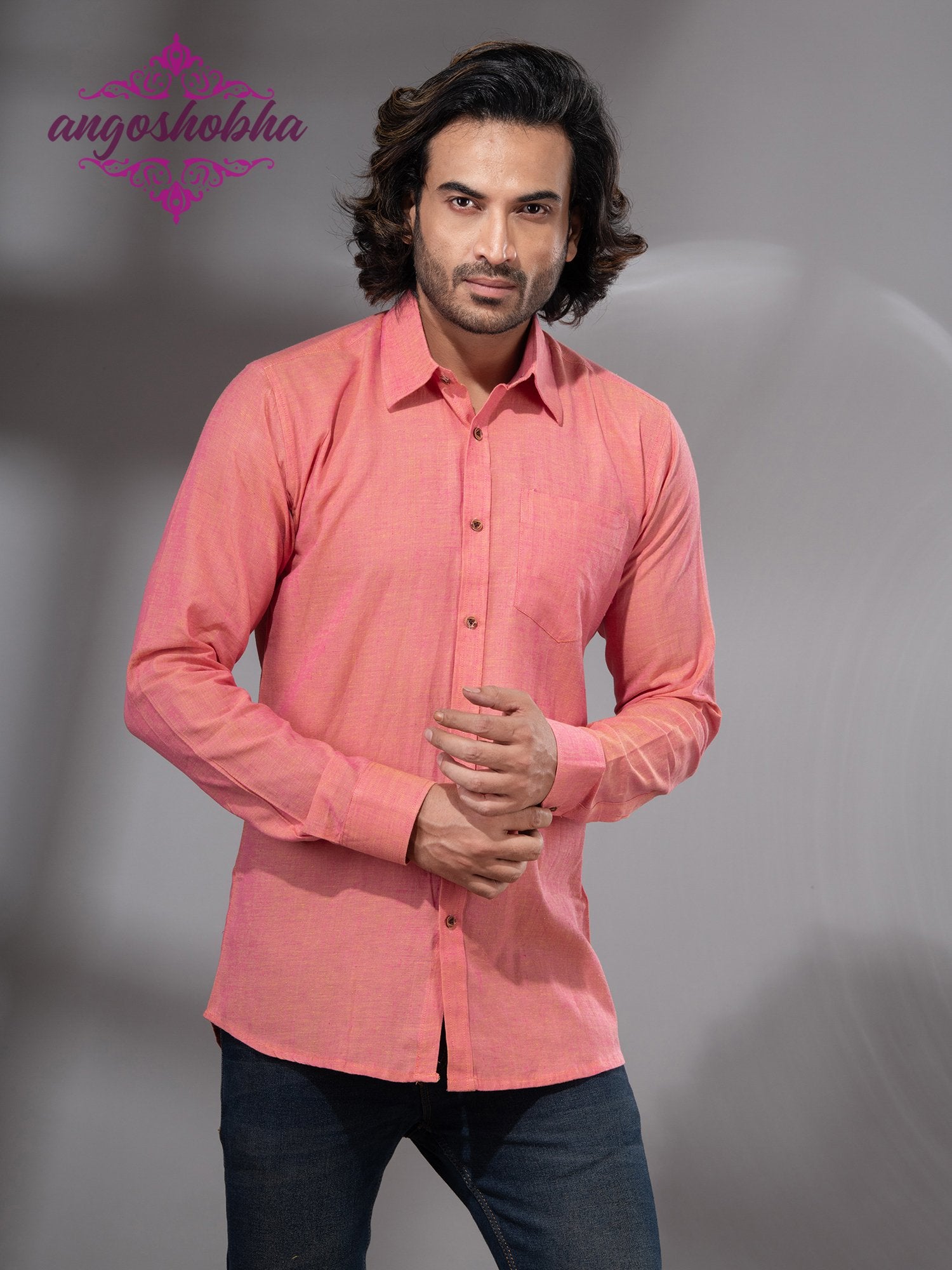 Peach Pink Cotton Men's Shirt