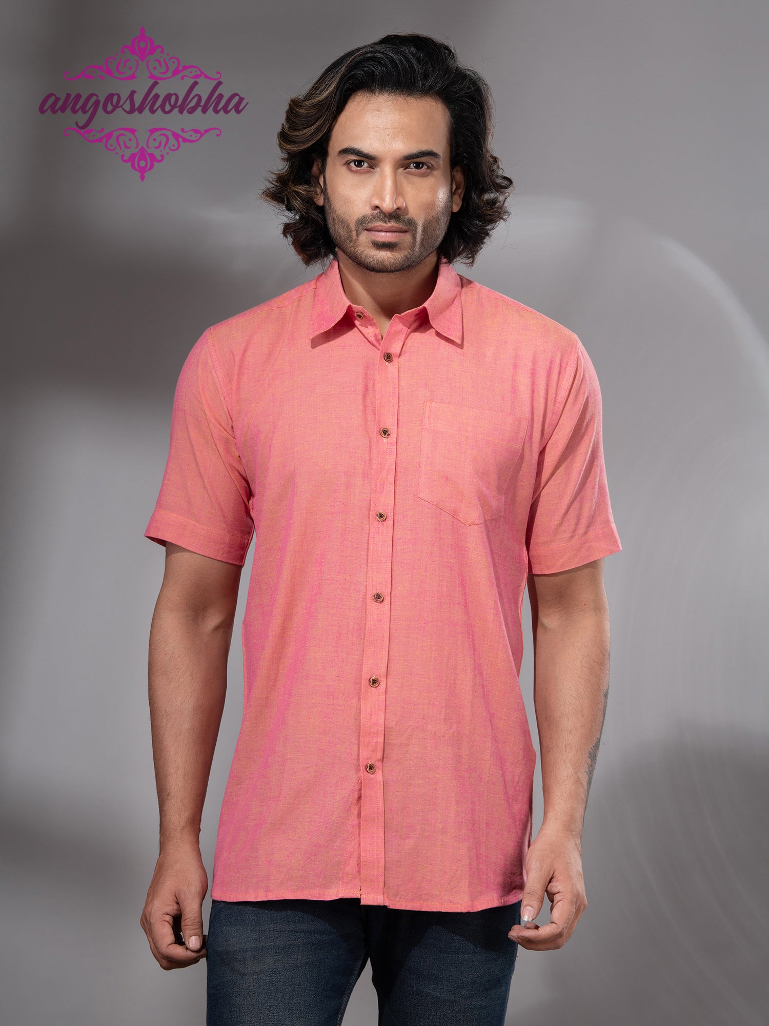 Peach Pink Cotton Men's Shirt