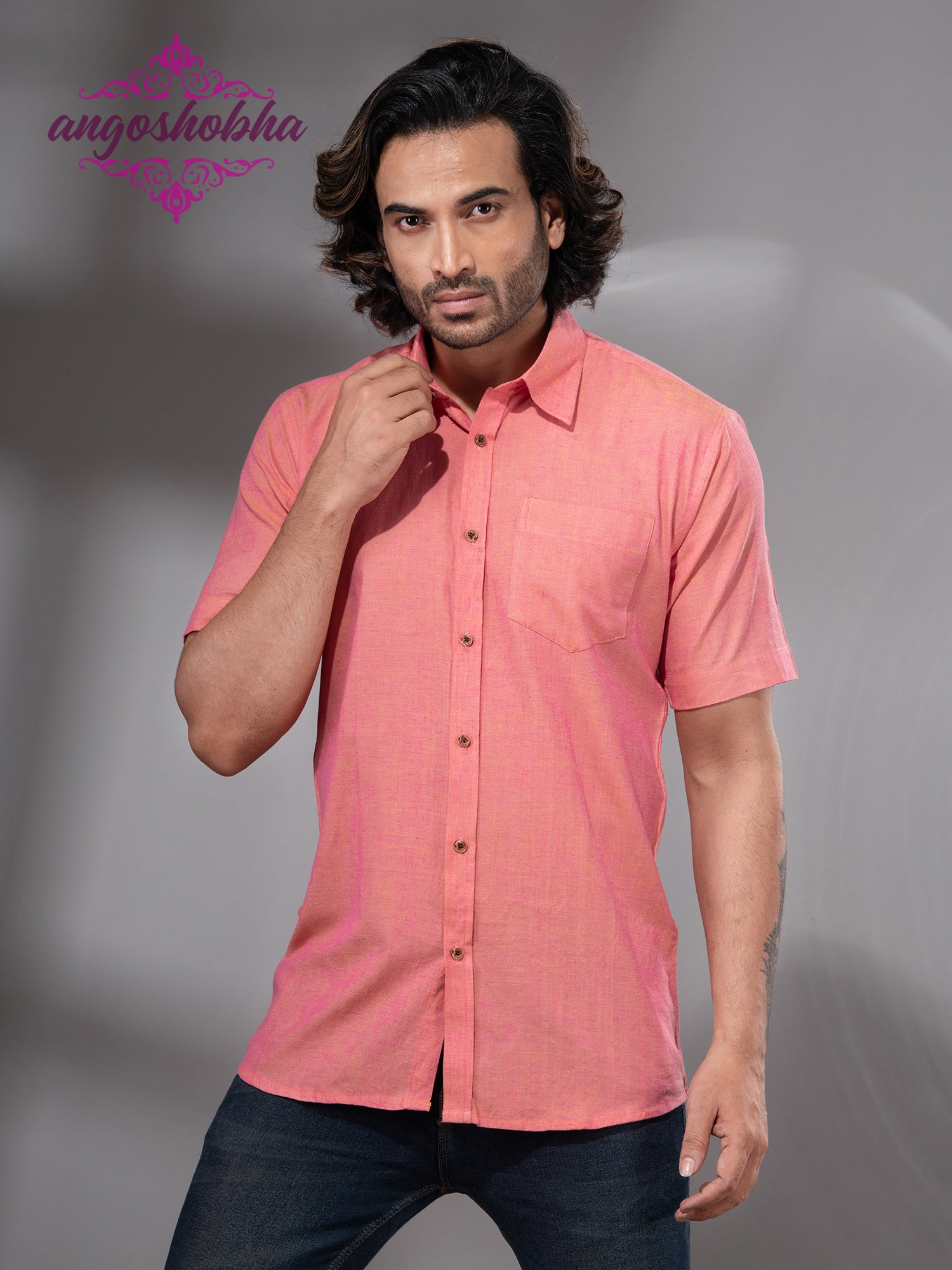 Peach Pink Cotton Men's Shirt