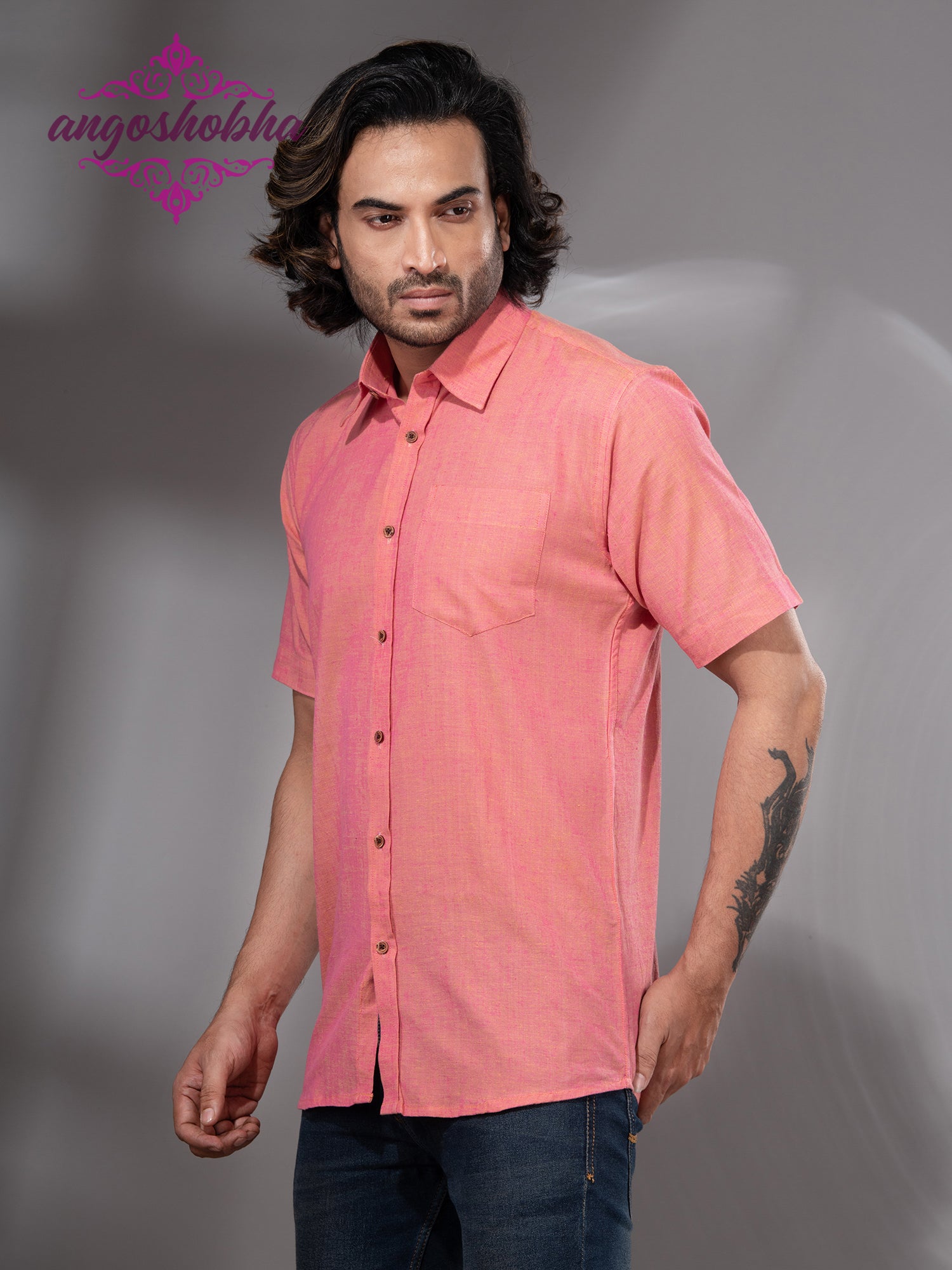 Peach Pink Cotton Men's Shirt