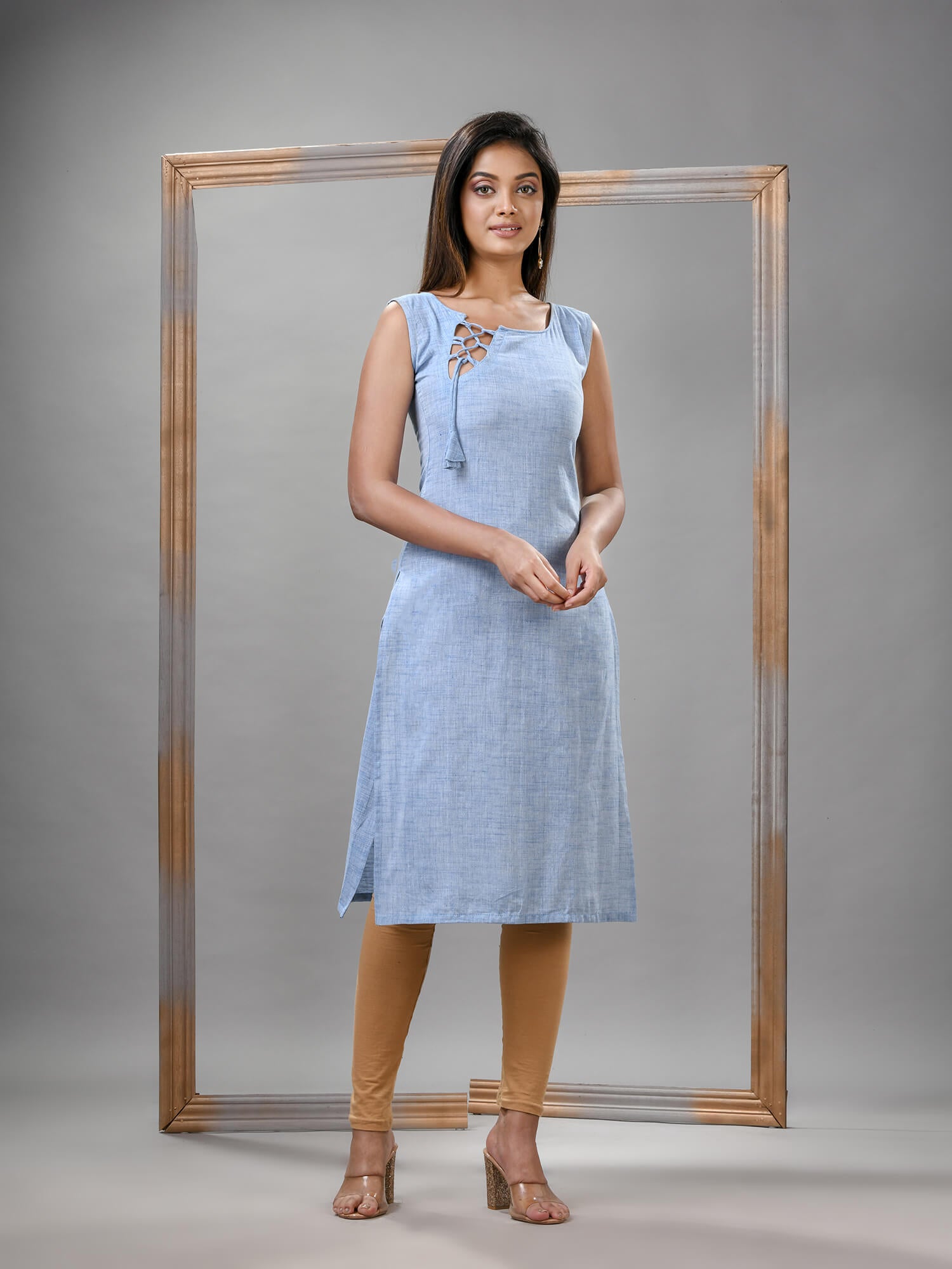 Cadet Blue Cotton Bengal Handwoven Kurti