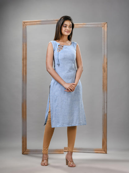 Cadet Blue Cotton Bengal Handwoven Kurti